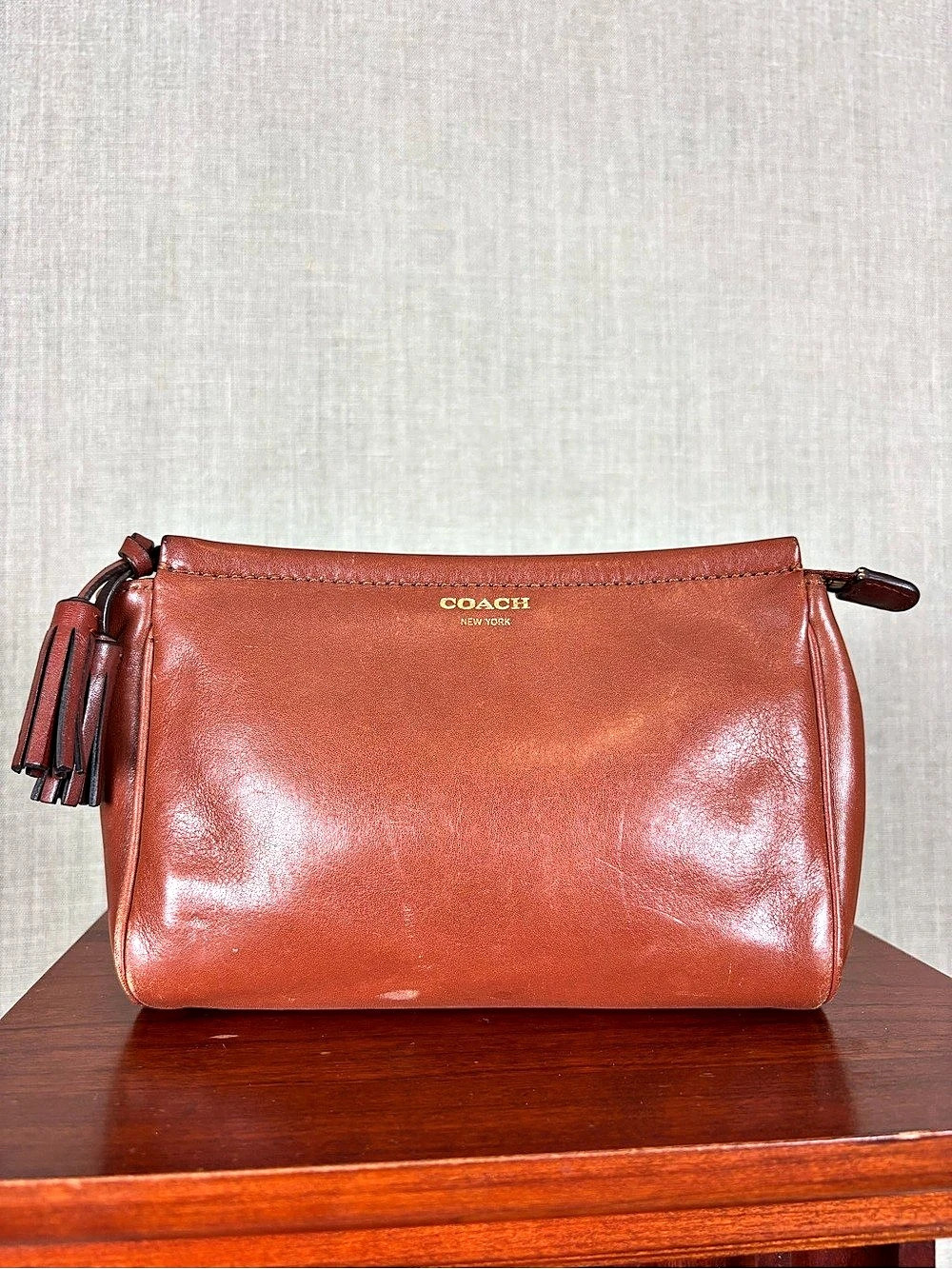 Coach Cognac Brown Leather Tassel Clutch Zip Top Pouch